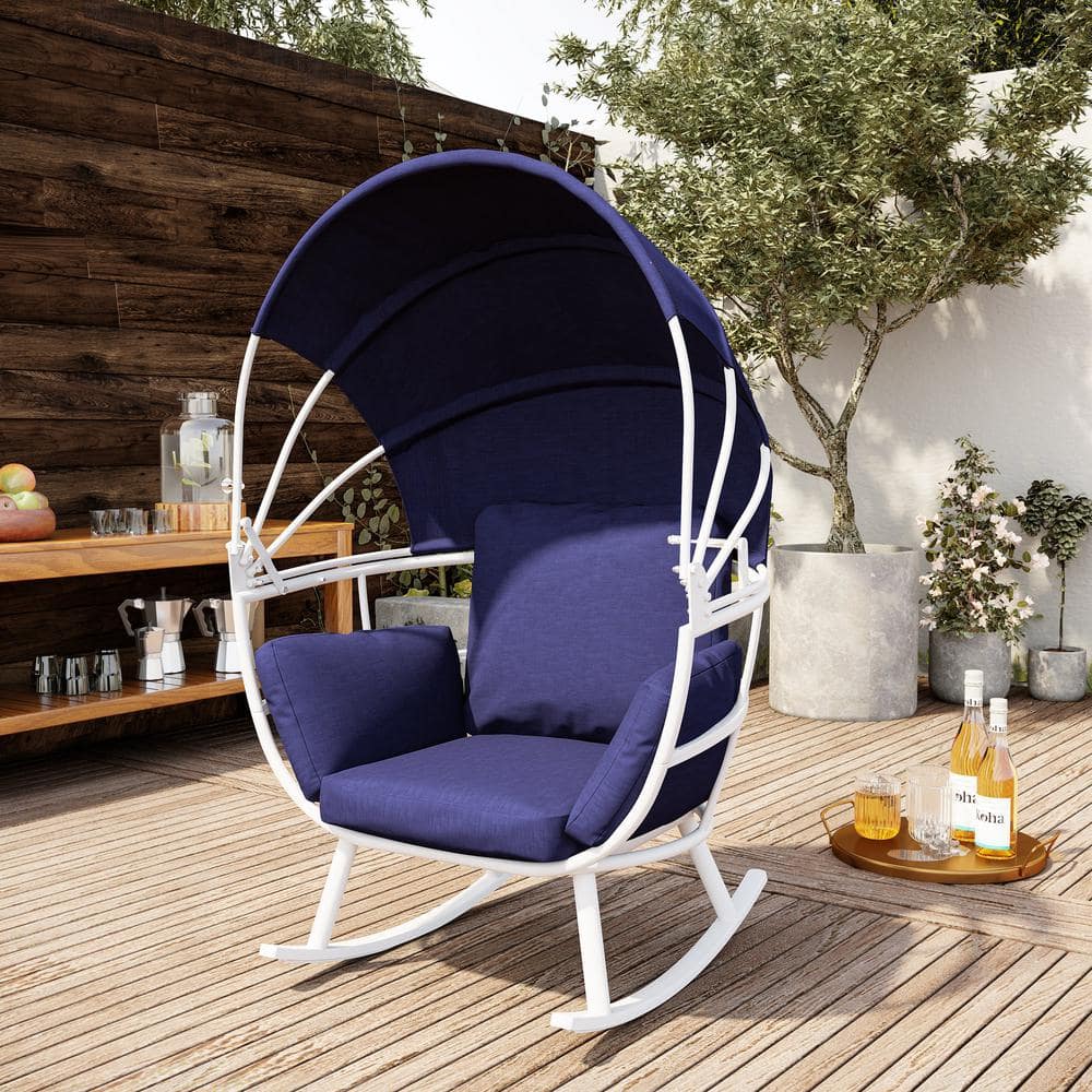 White Rocking Aluminum Outdoor Egg Lounge Chair with Navy Blue Cushion and Folding Canopy price history on PriceWatchPro