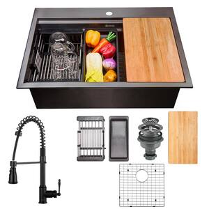 All-in-One Matte Black Finished Stainless Steel 25 in. x 22 in. Single Bowl Drop-in Kitchen Sink with Spring Neck Faucet