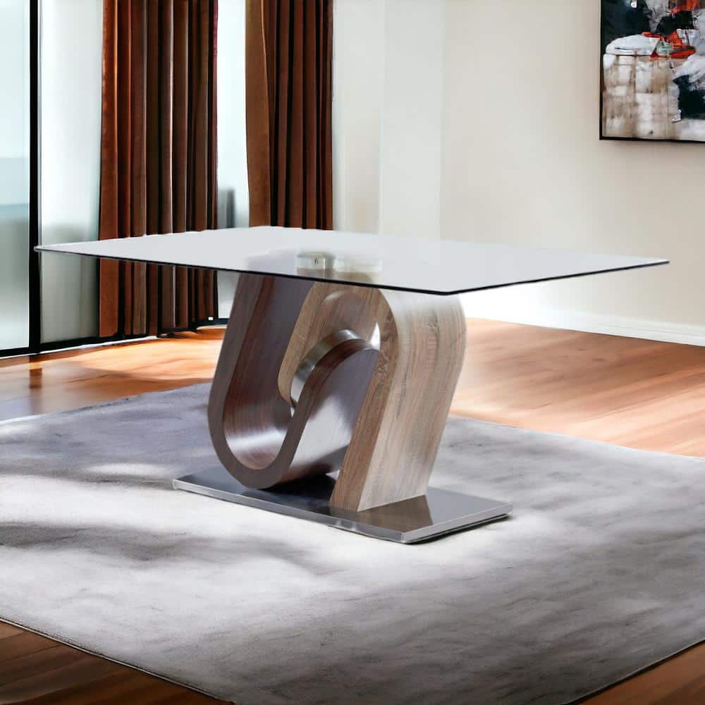 Rectangular Glass Extendable Dining Table with Oak and Walnut Base