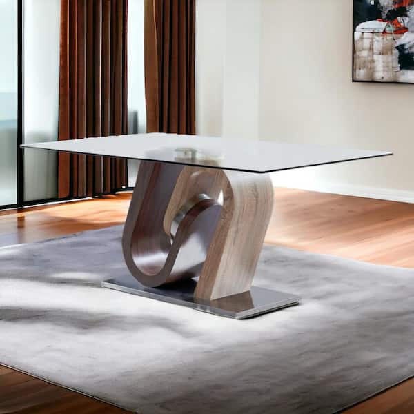 Oak And Walnut Two Toned Geometrical Base With Glass Top Dining Table Oak And Walnut Two Toned Geometrical Base With Glass Top Dining Table