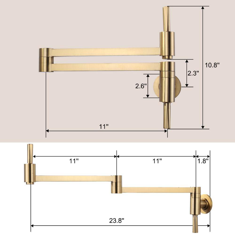 Brushed Gold Wall Mount Pot Filler with Double Joint Swing Arm