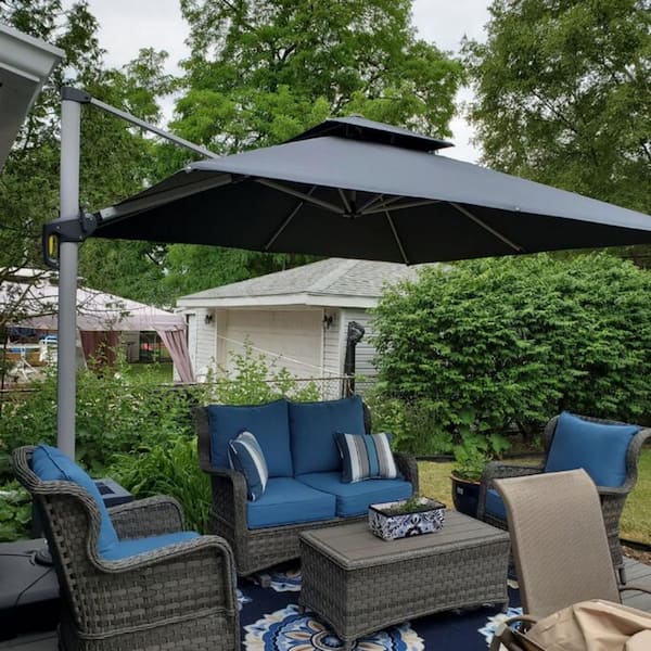 10 ft. Square Double-top Aluminum Umbrella Cantilever Polyester Patio Umbrella in Gray