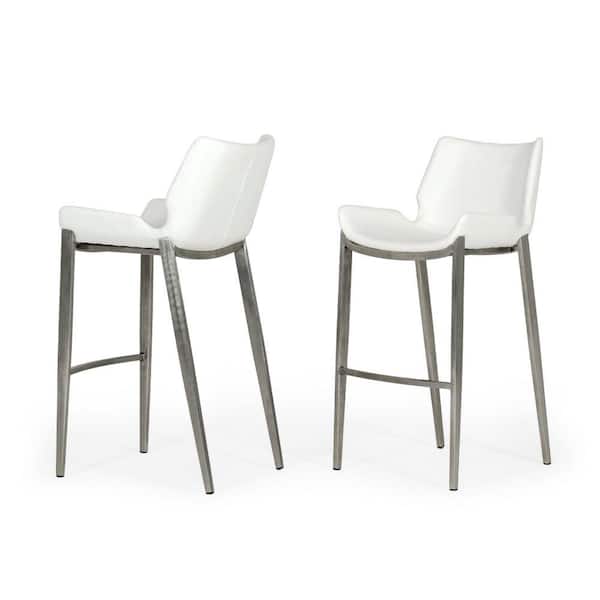 Benjara 29.5 in. White Low Back Metal Frame Bar Stool with Faux Leather Seat