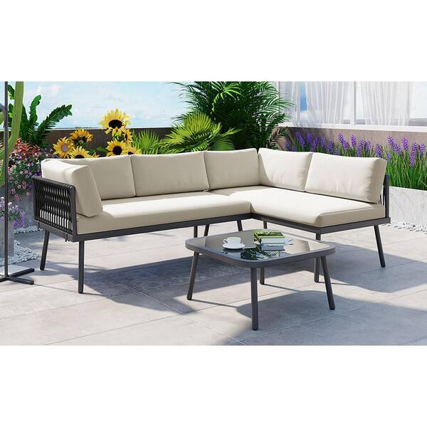 Zeus Ruta Black Metal 3 Piece Patio Outdoor Sectional Sofa Set with Beige Cushions and 1 Glass Table WQD28 331 The Home Depot