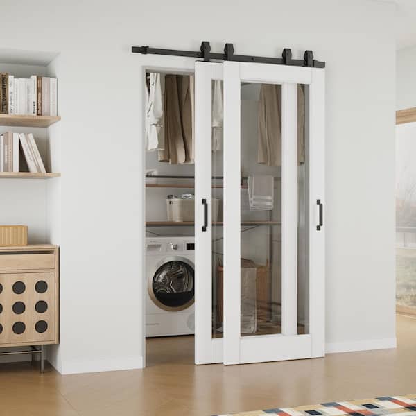 ARK DESIGN 52 in. x 80 in. (Double 30 in. ) 1 Lite Clear Glass White Primed MDF Sliding Barn Door with Hardware Kit Bypass