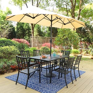 Black 8-Piece Metal Outdoor Patio Dining Set with Umbrella and Modern Stackable Chairs