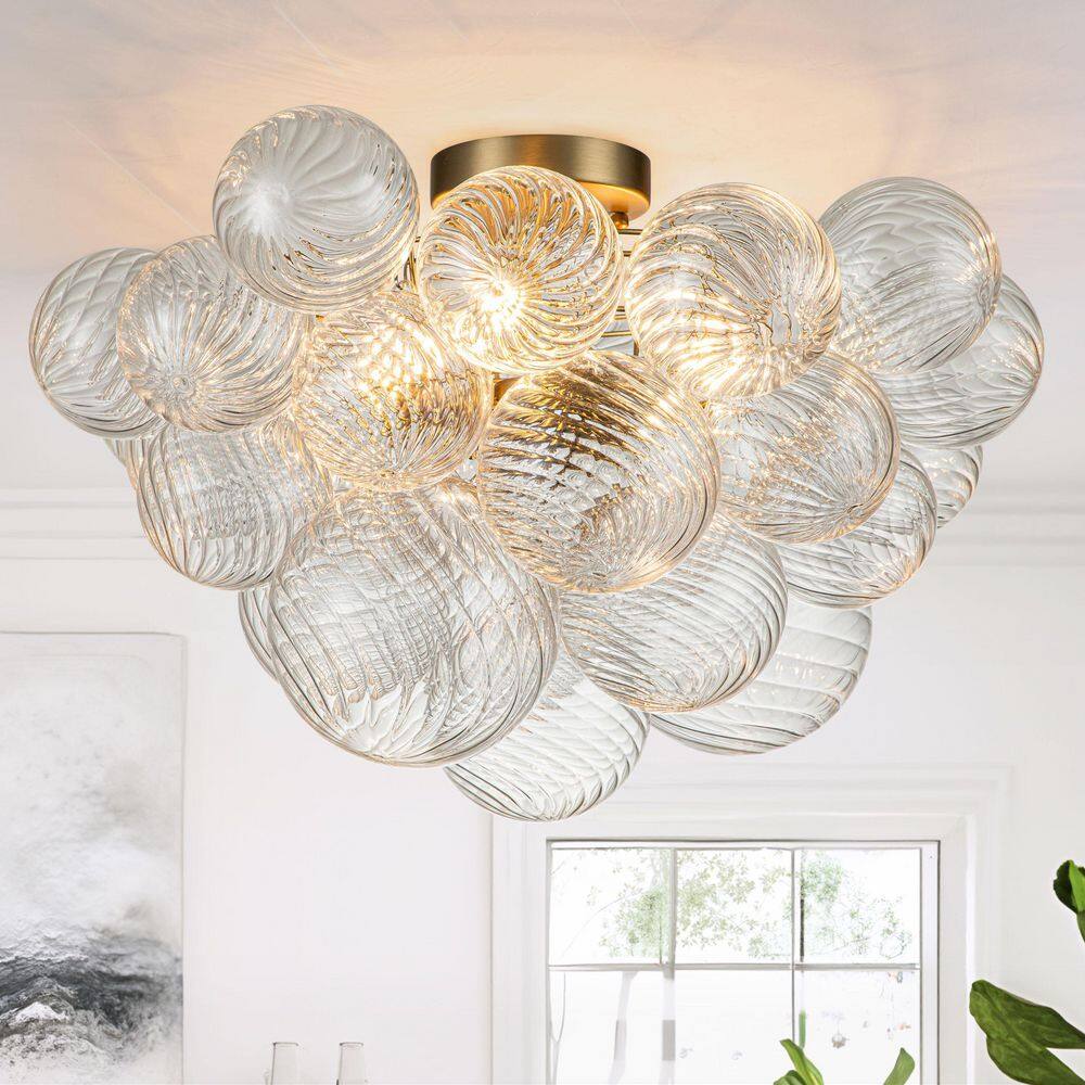Neuvy 3-Light 20.9 in.W Brushed Gold Modern Semi-Flush Mount Chandelier with Ribbed Swirl Twisted Textured Glass Shades price history on PriceWatchPro
