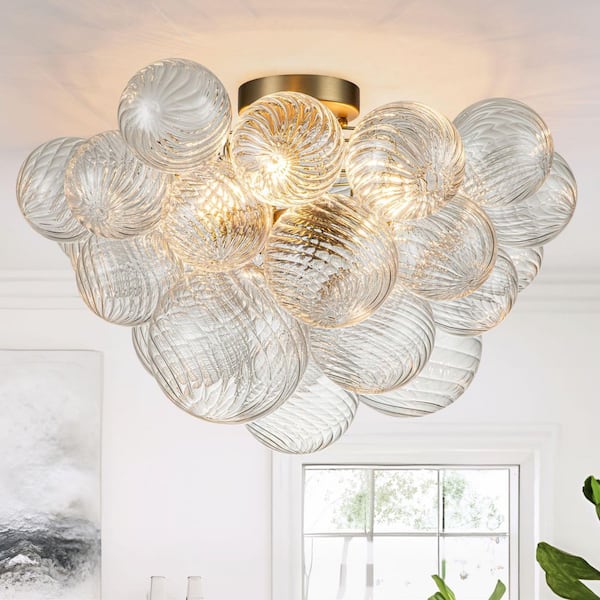 Neuvy 3-Light 20.9 in.W Brushed Gold Modern Semi-Flush Mount Chandelier with Ribbed Swirl Twisted Textured Glass Shades