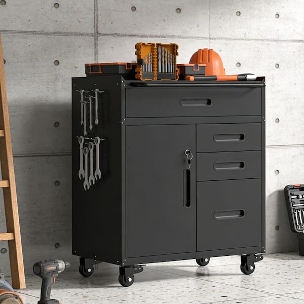 Black 34.4 in. H Metal Storage Cabinet, Rolling Tool Cabinet with 3 Drawers, Locking Doors and Pegboard Side Panels