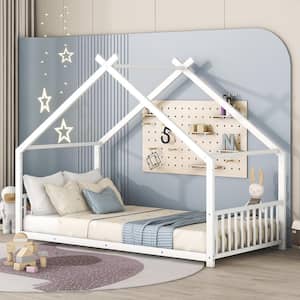 White Twin Size Metal House Platform Bed, Low Bed for Kids