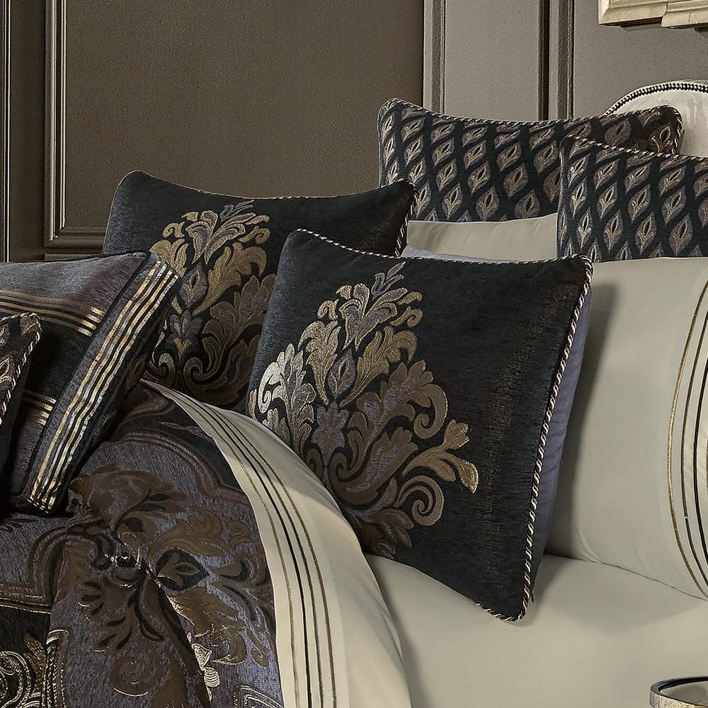 Savoy Queen Black Chenille Damask Comforter Set