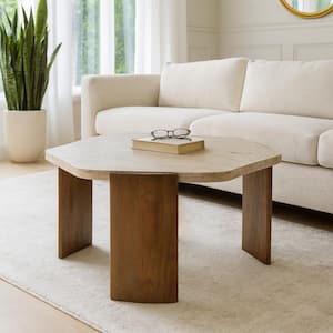 32 in. Brown Hexagon Stone Mango Wood Curved Three Legs Coffee Table