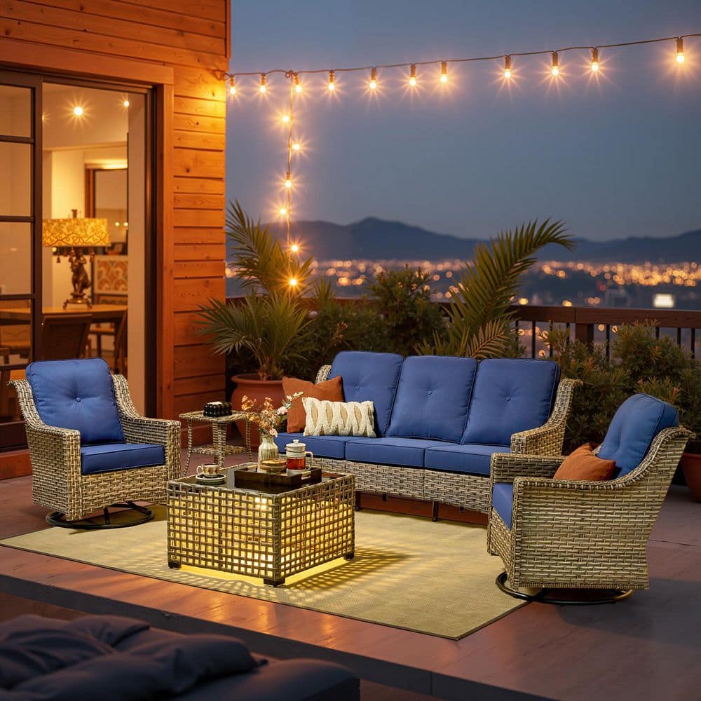 Petal 5 Pieces Wicker Patio Conversation Seating Sofa Set with Navy Blue Cushions price history on PriceWatchPro