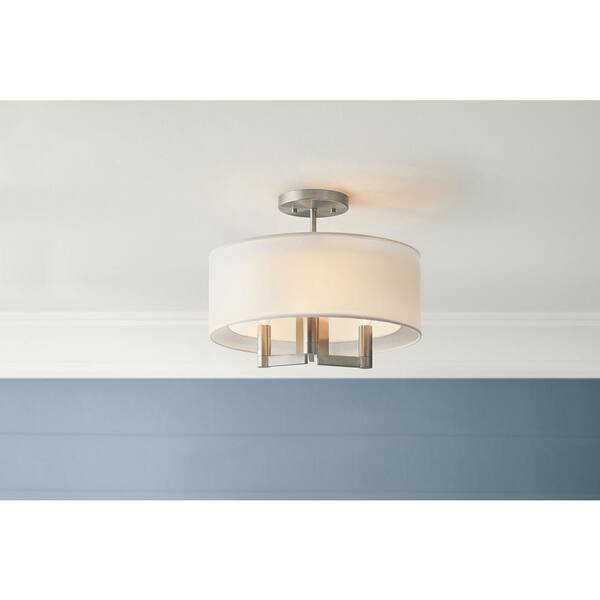 Home Decorators Collection Hiddenbrook 15 in. 3-Light Brushed Nickel Semi-Flush Mount with White Fabric Shade