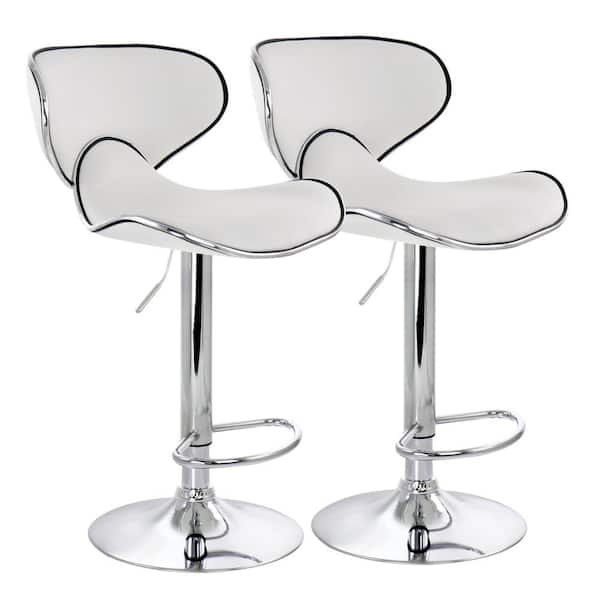 Elama 35 in White and Chrome Curved Back Faux Leather Bar Stool with Adjustable Height (Set of 2)