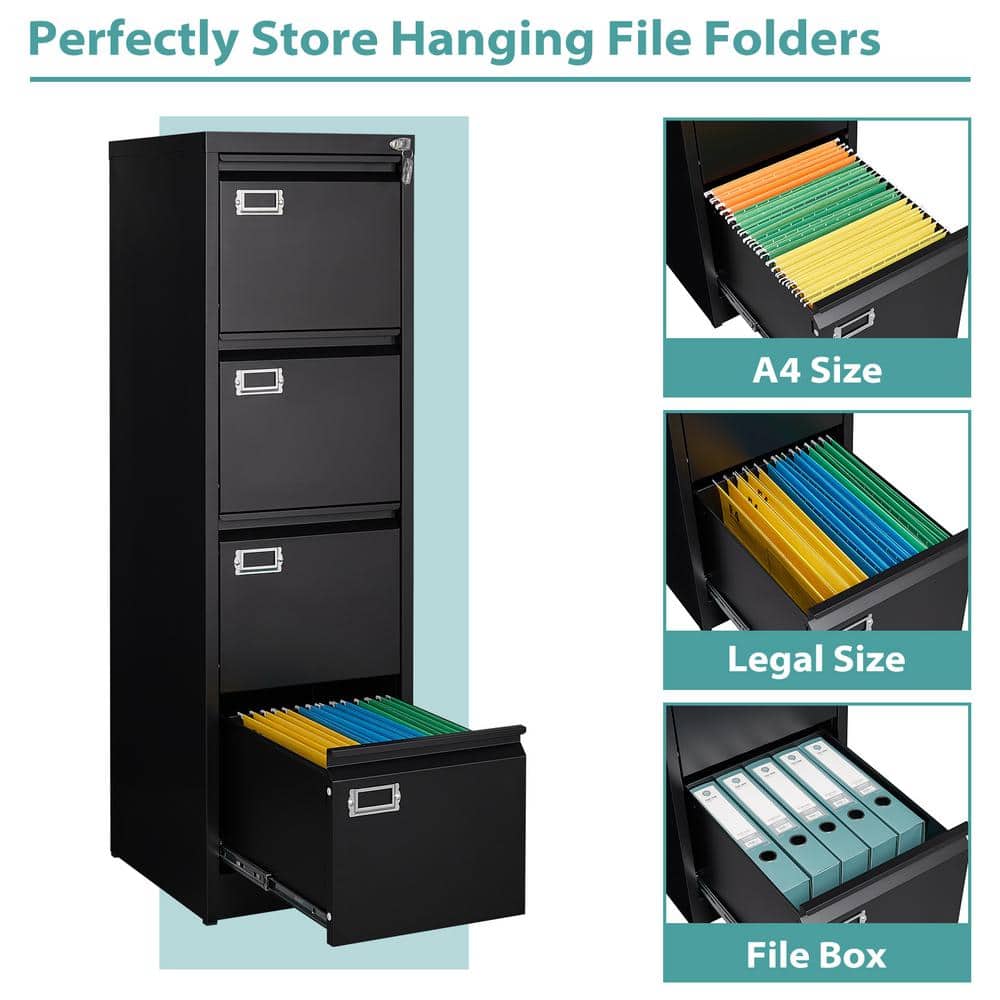 Black Metal Vertical 4-Drawer Lockable File Cabinet