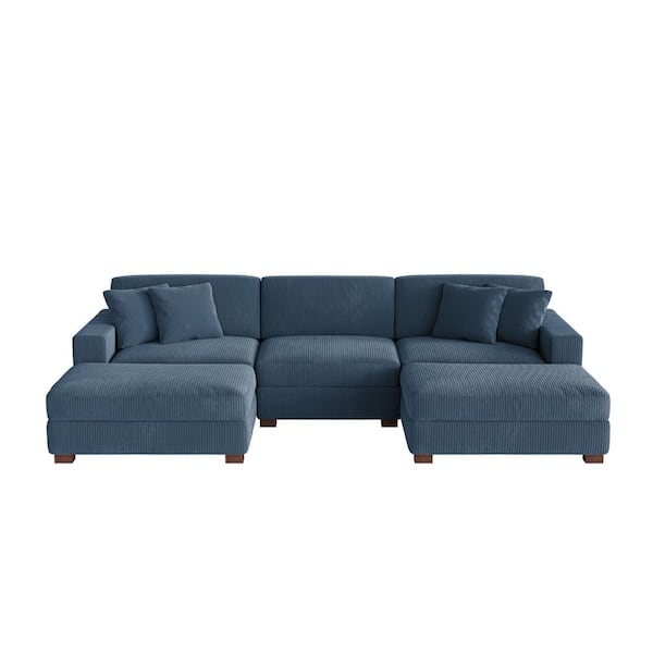 118 in. W Modern Square Arm 5-Piece Corduroy Fabric U-Shaped Sectional Sofa in Navy Blue