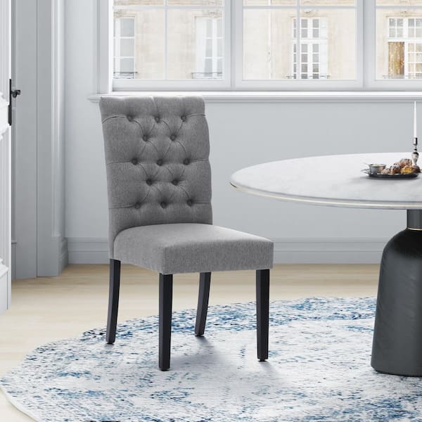 NINA Button Tufted Back Gray Linen Upholstered Dining Side Chair