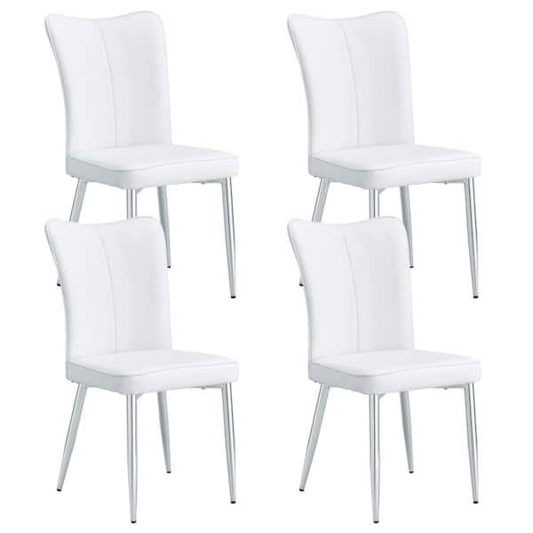 Sudzendf White Modern Minimalist Dining Chair PU Seats with Silver Metal Legs (Set of 4)