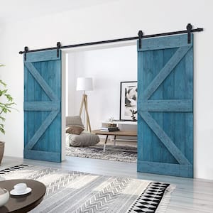 60 in. x 84 in. K Series Ocean Blue Stained Solid Knotty Pine Wood Interior Double Sliding Barn Door with Hardware Kit