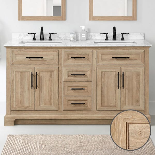 Doveton 60 in. Double Sink Freestanding Weathered Tan Bath Vanity with White Engineered Marble Top (Assembled)