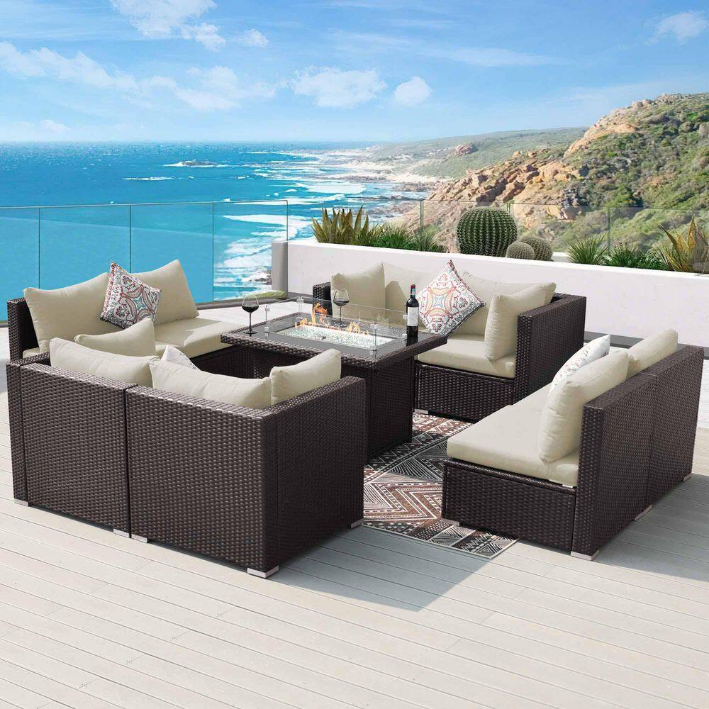 9-Pieces Brown Wicker Outdoor Sectionals Patio Furniture Set Conversation S