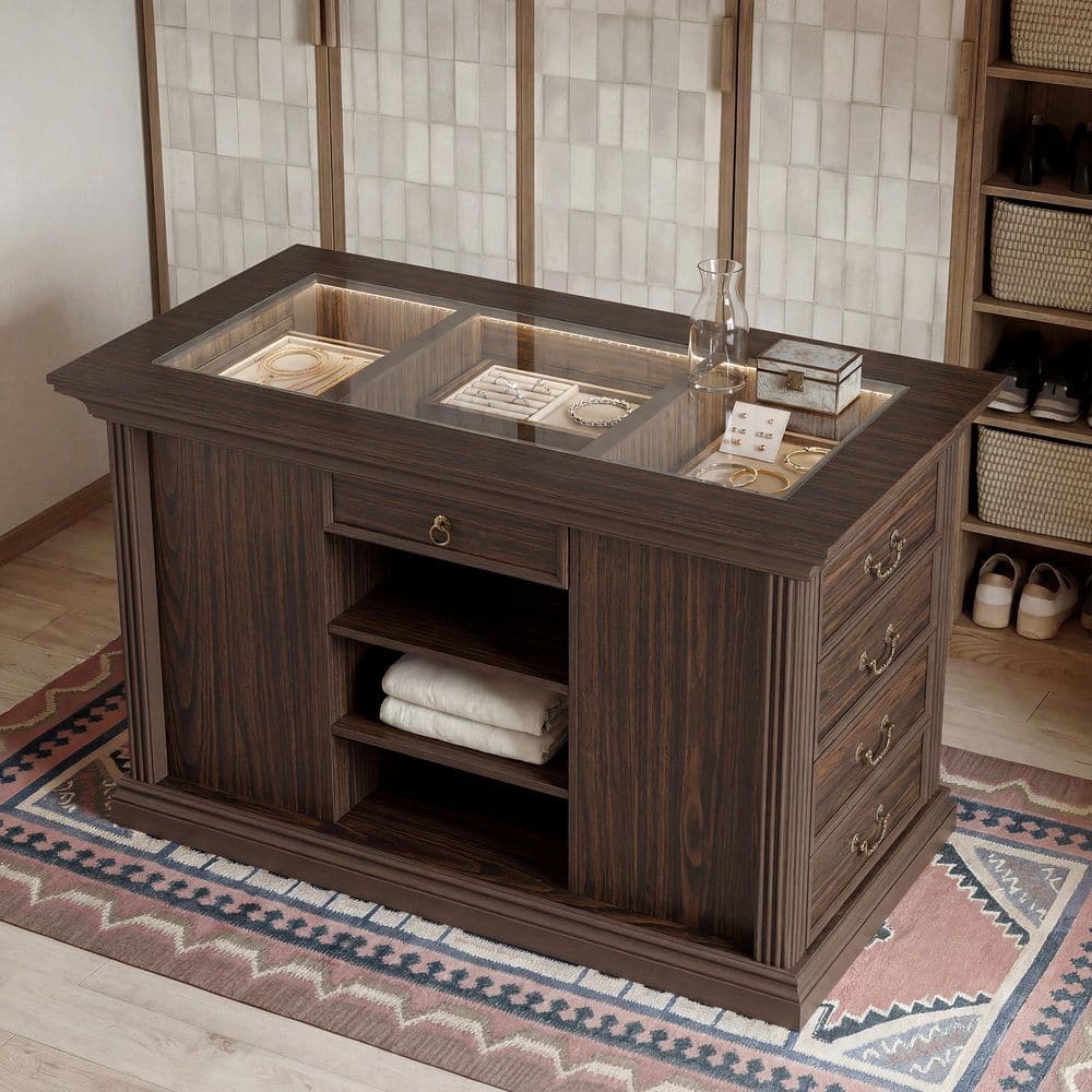 Brown Wood Free Standing 50 in. W Jewelry Armoire with Glass Top, LED Lighting, Multi-Grid Organizer and 10-Drawers