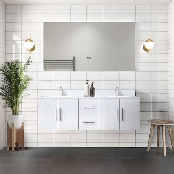 Lexora Geneva 60 in. W x 22 in. D Glossy White Double Bath Vanity, Cultured Marble Top, Faucet Set, and 60 in. LED Mirror