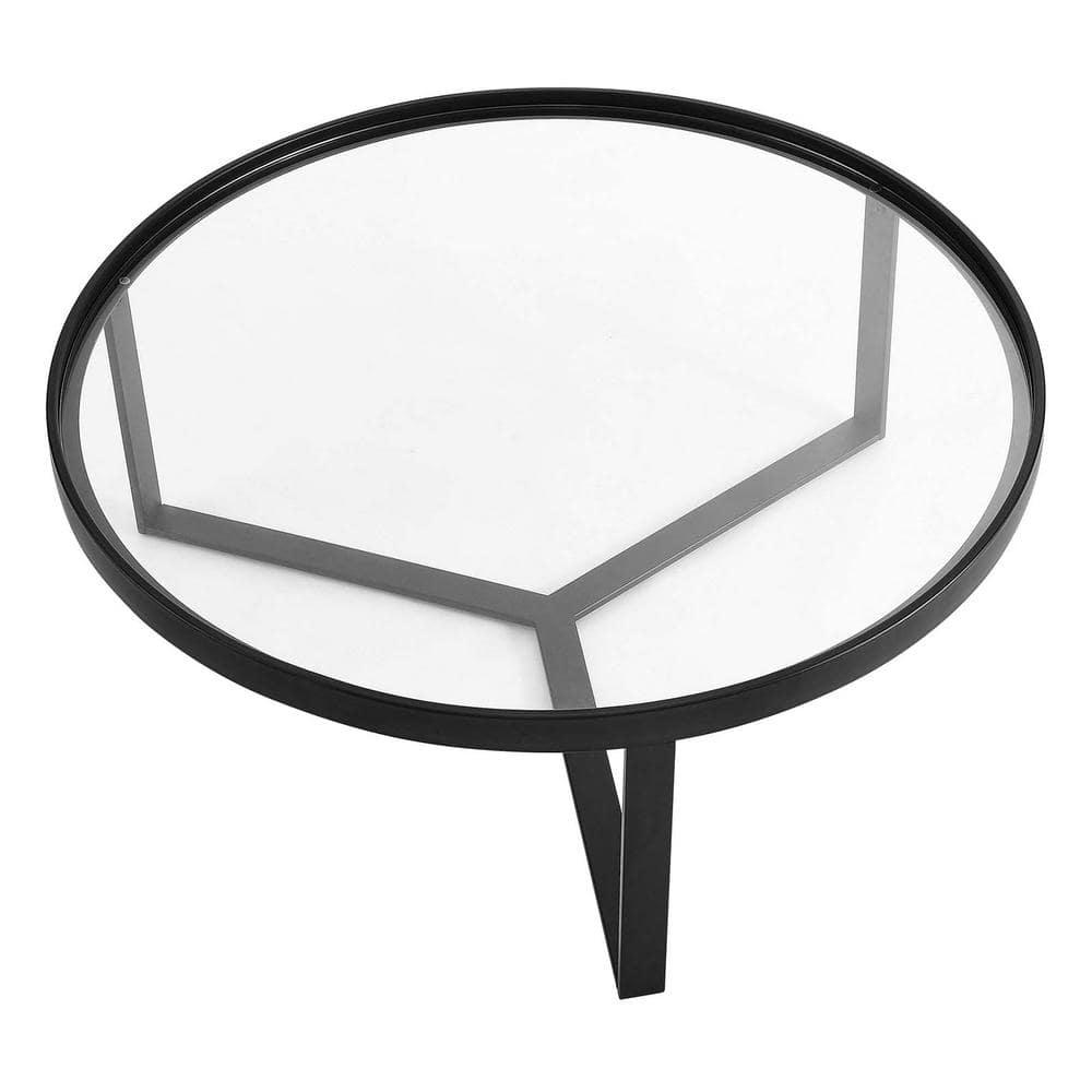 Black Round Glass Coffee Table with Storage
