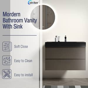 36 in. W x 18 in. D x 25 in. H Single Sink Floating Bath Vanity in Gray with Black Solid Surface Top