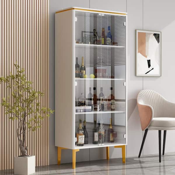 FUFU&GAGA White Wood 31.5 in. W Display Cabinet China Cabinet Metal Legs with Pop up Glass Doors, Adjustable Shelves