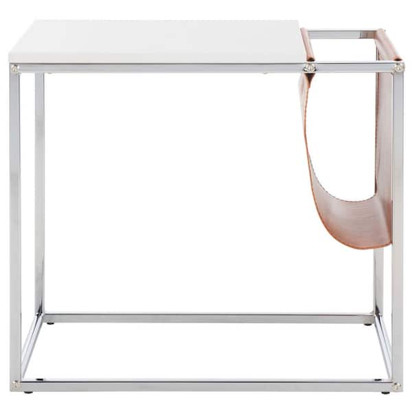 SAFAVIEH Eugenia 22 in. White/Brown/Chrome Rectangular Faux Marble End Table