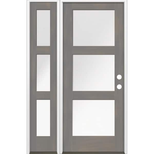 Krosswood Doors 50 in. x 80 in. Modern Hemlock 3-Lite Left-Hand/Inswing Satin Glass Grey Stain Wood Prehung Front Door