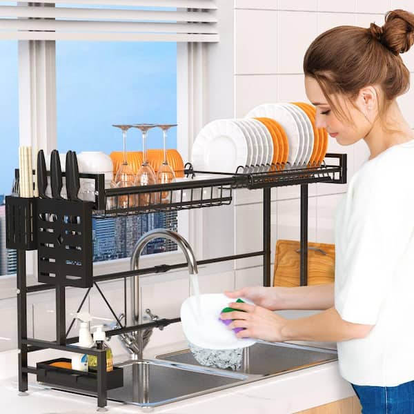 Aoibox 2-Tiers Stainless Steel Fingerprint-Proof Over Sink Drying Dish Rack  with Utensil Holder, Cutting Board Holder in Black HDSA17KI002 - The Home  Depot
