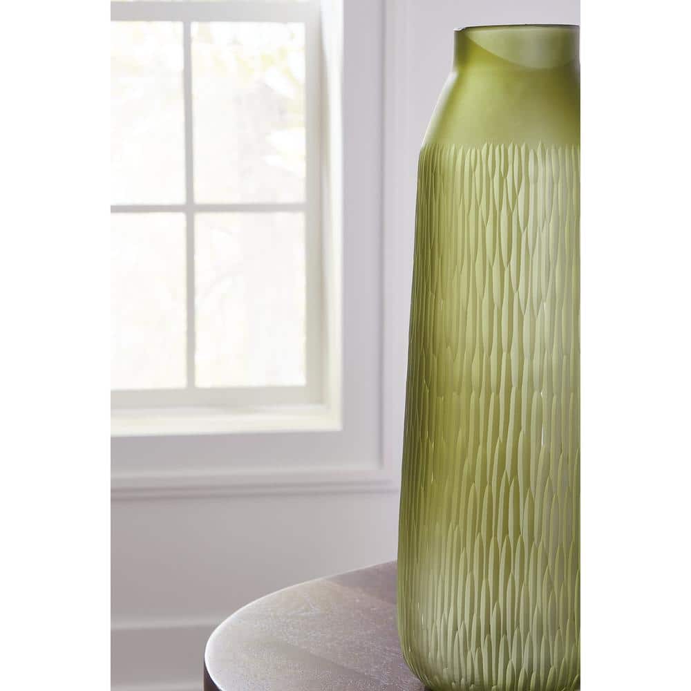 Olive Green Contemporary Carved Glass Table Vase