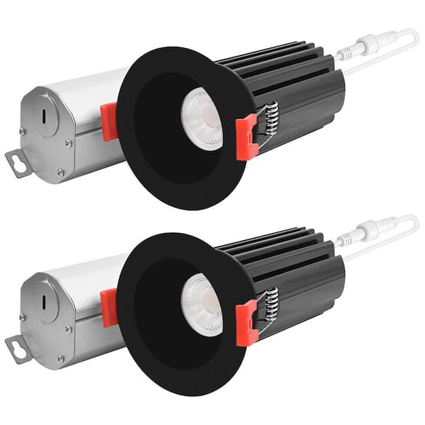LUXRITE 2 in. LED Recessed Light J-Box 15 Watt 5 Color Selectable 2700K-5000K 1000 Lumens Dimmable Wet Rated Black (2 Pack)