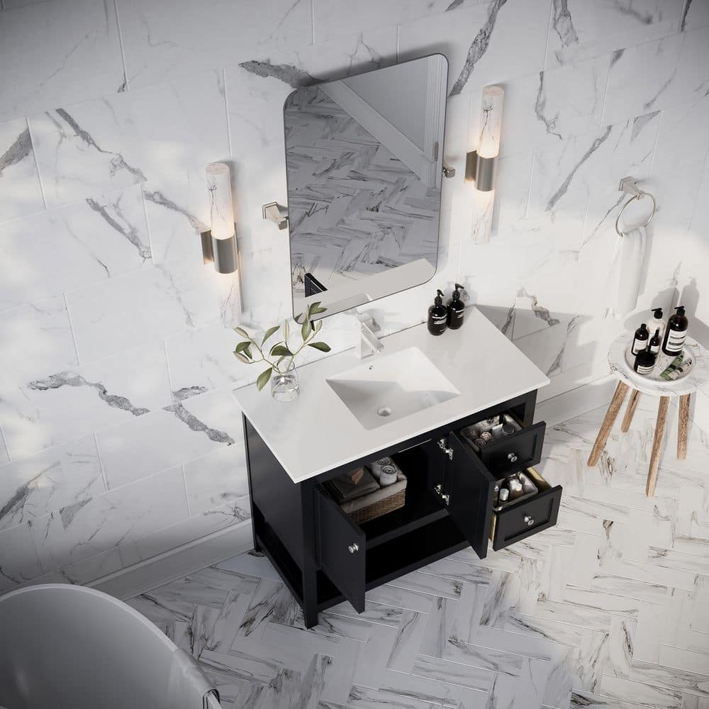 Elegant 42" Black Quartz Top Solid Wood Freestanding Vanity with Sink