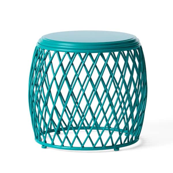 Unbranded Lattice Design Teal Round Iron Outdoor Side Table, for Decor Home Office Patio Poolside, No Assembly Required