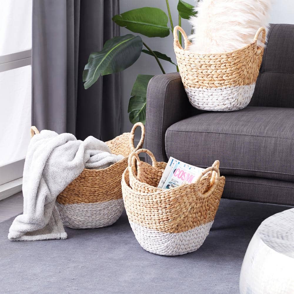 Brown and White Seagrass Oval Storage Basket Set