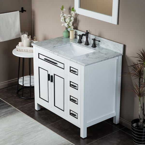Millan 37 in.W x 22 in.D x 38 in.H Bath Vanity in White with Marble Vanity Top in White with White Sink