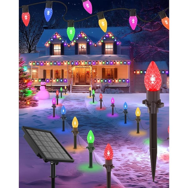 10 in. Solar 2-in-1 Outdoor C9 LED Pathway String Lights 50ft. 25-Count Halloween Christmas String Lights Standing Decor
