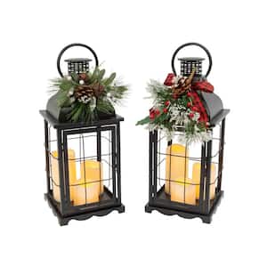 18.1 in. H B/O Lighted Metal Holiday Lantern with 3 LED Candles Each and Floral Accent (Set of 2)