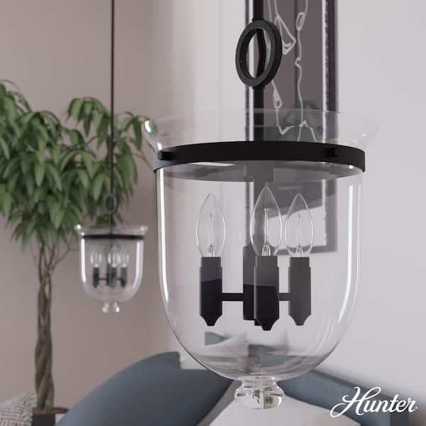 Hunter Belltown 3 Light Natural Iron Island Pendant Light with Clear Glass Shade Dining Room Light