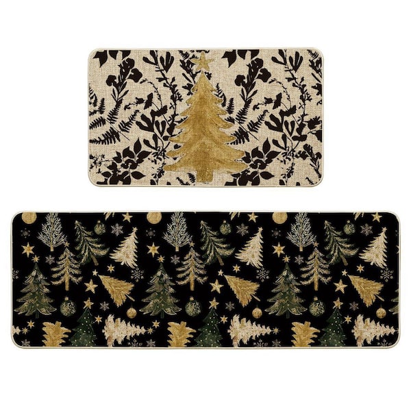 2 Pieces Low-Profile Kitchen Rugs Indoor Christmas Home Decor Kitchen Mat Set, 17 in. x 29 in. + 17 in. x 47 in. Beige