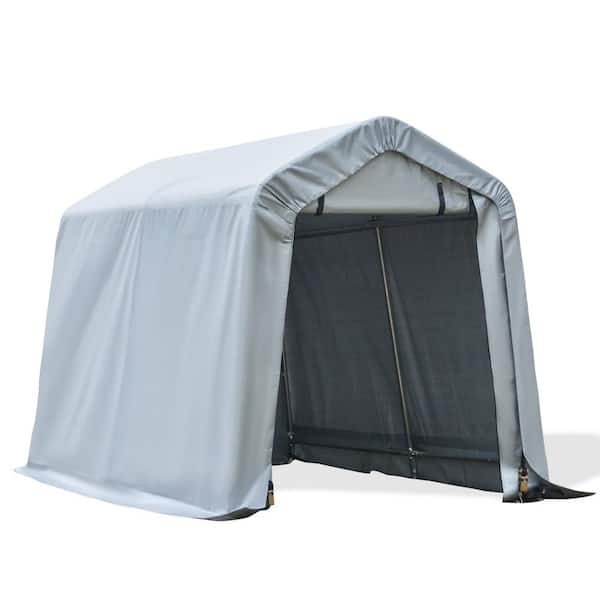 6 ft. W x 8 ft. D x 6 ft. H Grey Roof Metal Carport, Patio Storage Shelter w/ Anti-UV PE Cover and Double Zipper Doors