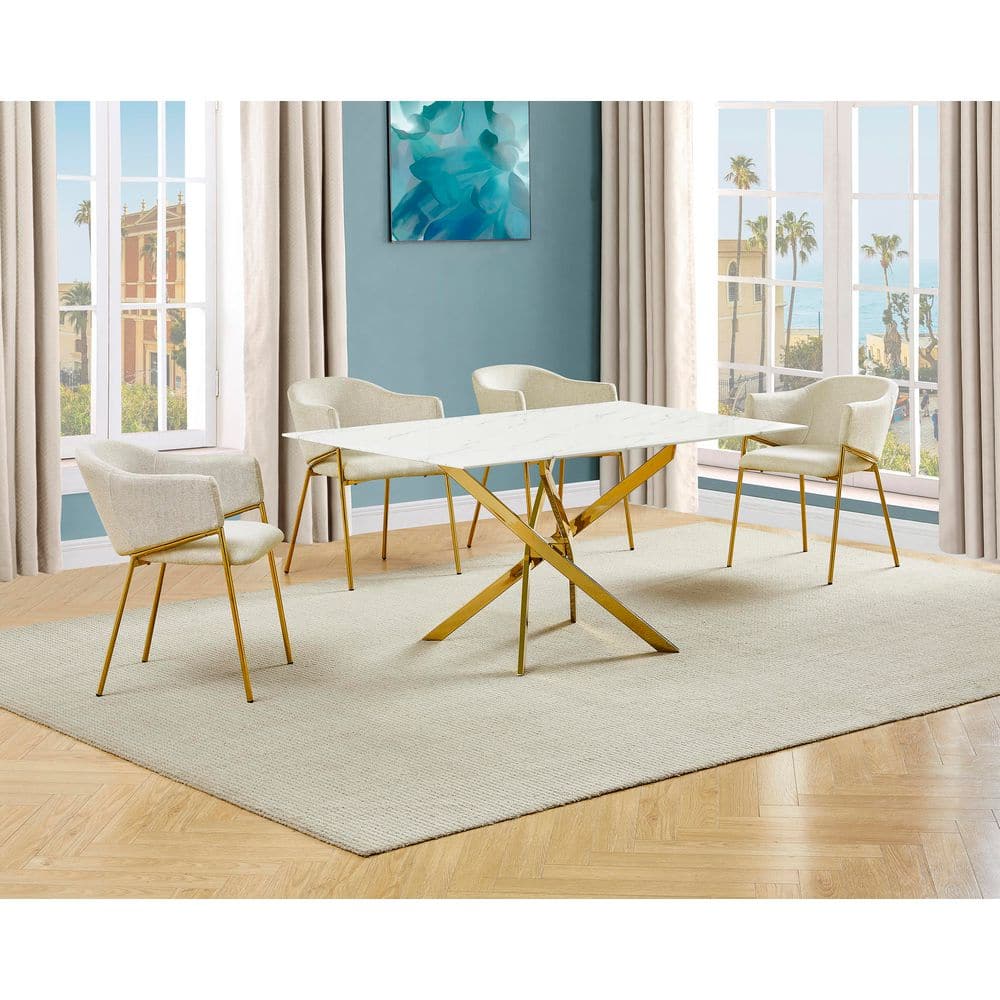 Esteban 5-Piece White Marble Wrap Glass Top Gold Stainless Steel Base Dining Set with 4 Beige Linen Fabric Chairs price history on PriceWatchPro