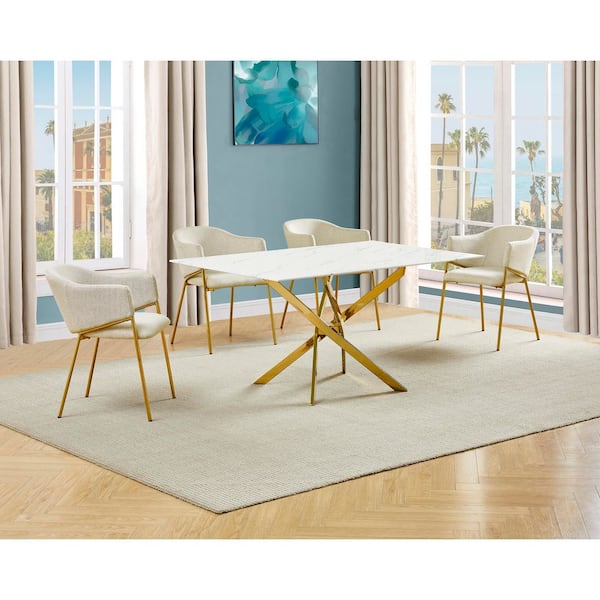 Best Quality Furniture Esteban 5-Piece White Marble Wrap Glass Top Gold Stainless Steel Base Dining Set with 4 Beige Linen Fabric Chairs
