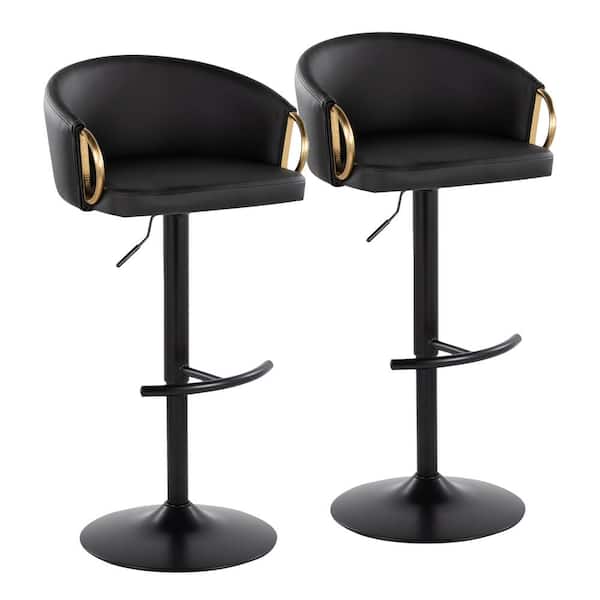 LumiSource Claire 32.5 in. Black Faux Leather and Black and Gold Metal Adjustable Bar Stool with Rounded T Footrest (Set of 2)