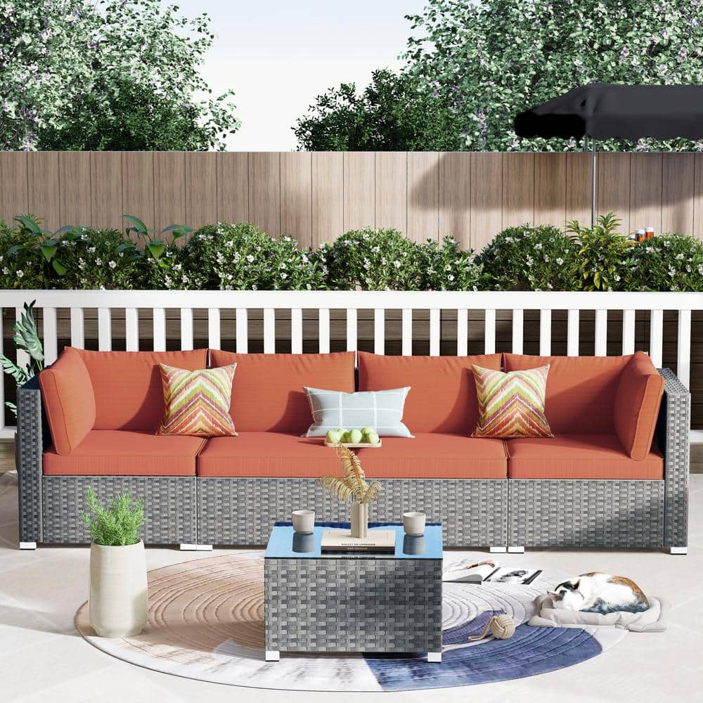 Messi Grey 5-Piece Wicker Outdoor Patio Conversation Sofa Seating Set with Orange Red Cushions price history on PriceWatchPro