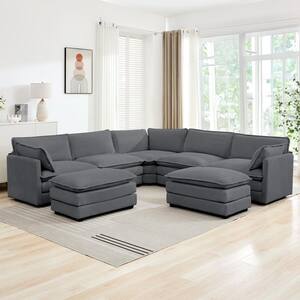 113.4 in. W 7-Piece Modern Corduroy Fabric Sectional Sofa with Ottoman in Dark Gray